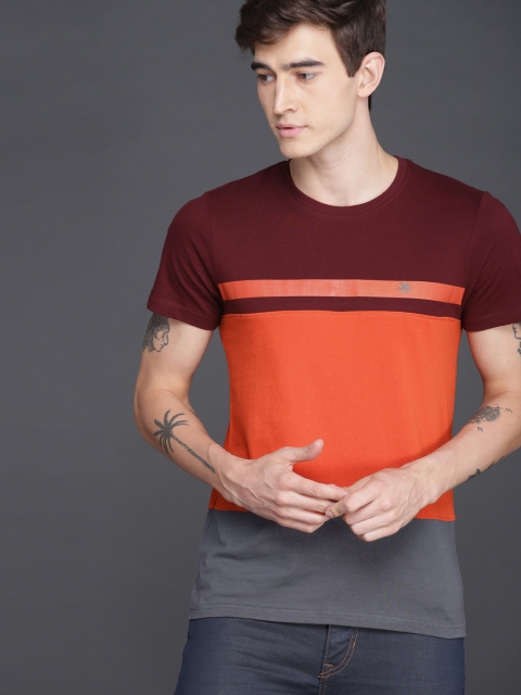 

WROGN Men Orange & Maroon Slim Fit Colourblocked Round Neck T-shirt
