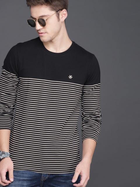 

WROGN Men Black Beige Slim Fit Striped Round Neck Pure Cotton T-shirt