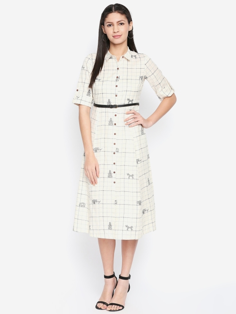

AKKRITI BY PANTALOONS Women Off-White & Black Checked Shirt Dress