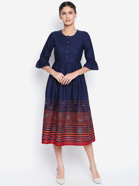 

AKKRITI BY PANTALOONS Women Navy Blue & Red Striped A-Line Dress