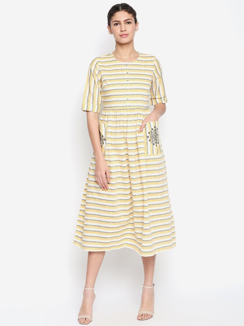

AKKRITI BY PANTALOONS Women Off-White & Yellow Striped A-Line Dress