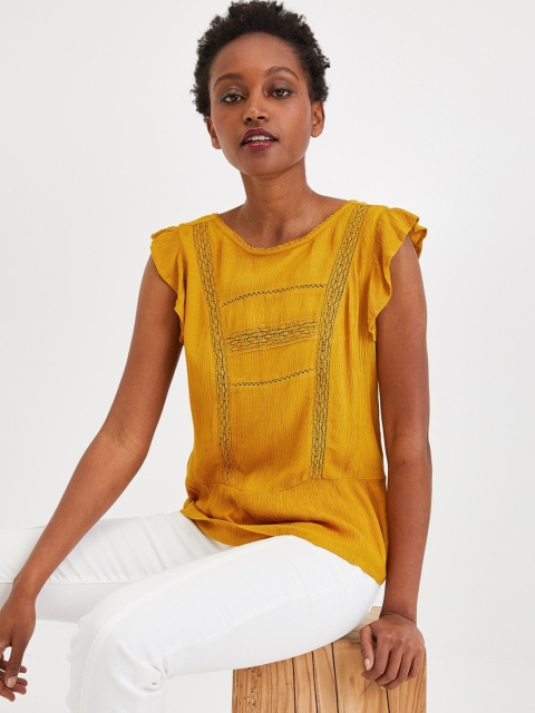 

promod Women Mustard Yellow Self Design Top