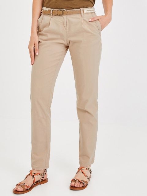

promod Women Beige Regular Fit Solid Regular Trousers