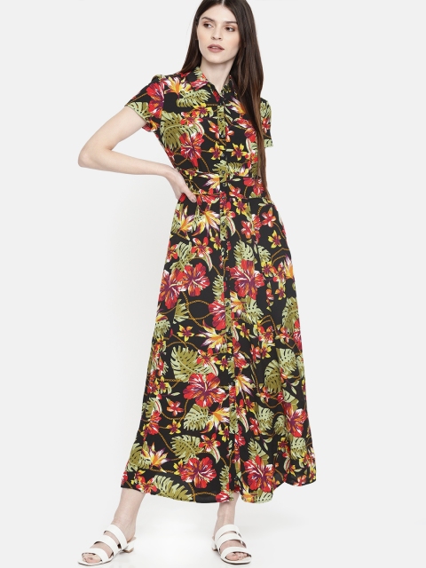 

promod Women Black & Green Printed Maxi Dress