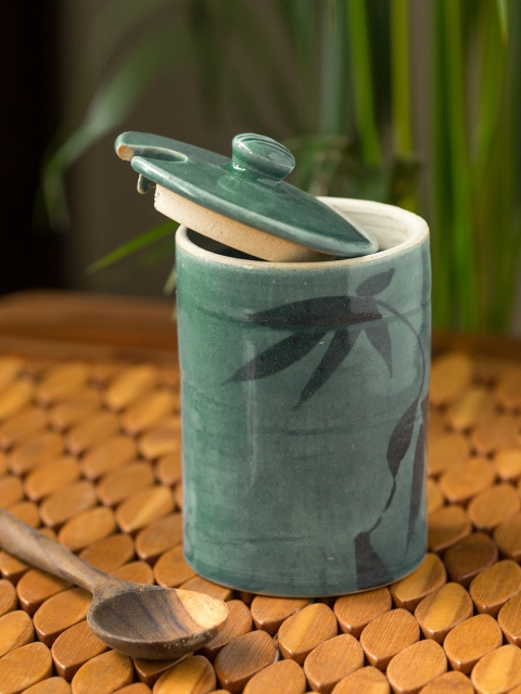 

ExclusiveLane 'Tropical Delicacy' Studio Pottery Ceramic Pickle & Jam Jar With Spoon, Blue