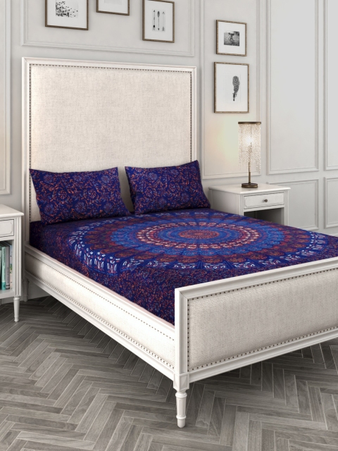 

Rajasthan Decor Blue Mandala Print 144 TC Cotton 1 Queen Bedsheet with 2 Pillow Covers