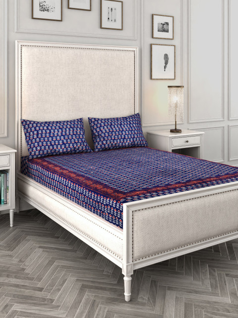 

Rajasthan Decor Navy Blue Screen Print 144 TC Cotton 1 Queen Bedsheet with 2 Pillow Covers