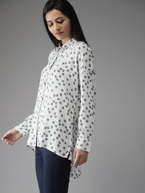 

Moda Rapido Women White & Navy Blue Printed Longline Casual Shirt