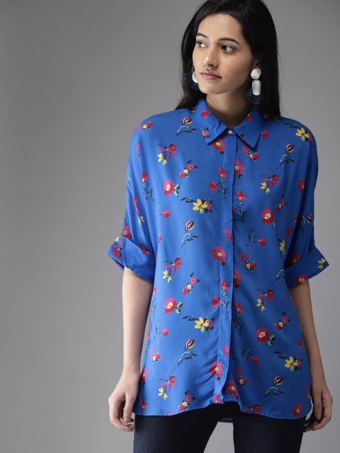 

Moda Rapido Women Blue & Pink Printed Longline Casual Shirt