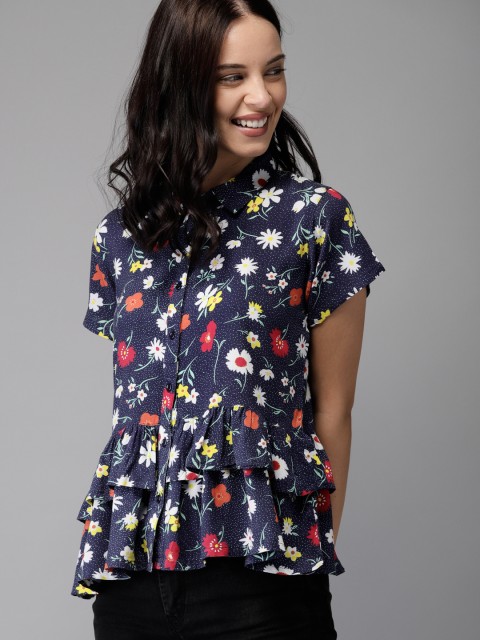 

HERE&NOW Women Navy Blue Printed Shirt Style Top