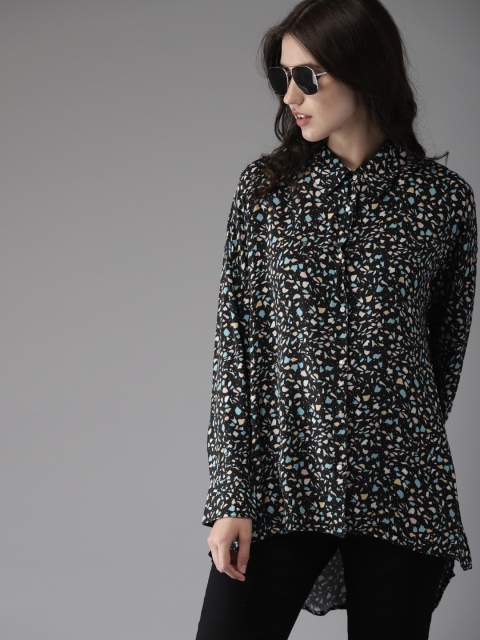 

Moda Rapido Women Black & Blue Printed Longline Casual Shirt