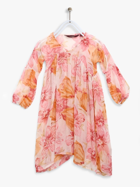 

Sangria Girls Peach-Coloured Floral Print Longline A-Line Top