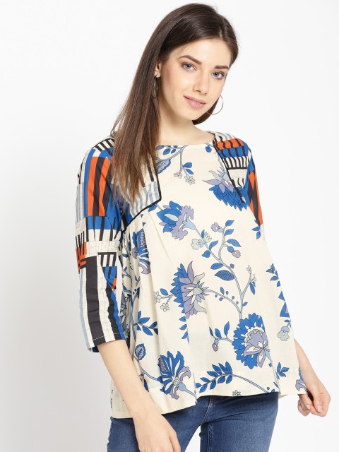

Sangria Women Off-White & Blue Printed A-Line Top