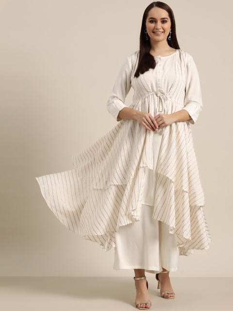 

Sangria Women White & Gold-Toned Striped Layered Kurta with Palazzos