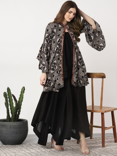 

Sangria Women Black & Beige Solid Top with Palazzos & Ethnic Jacket