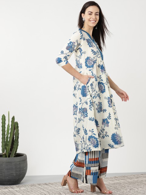 

Sangria Women Off-White & Blue Printed Kurta with Palazzos