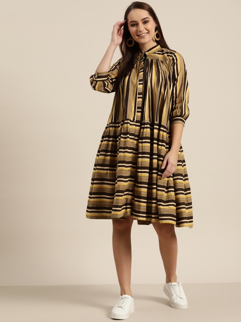 

Sangria Women Beige & Coffee Brown Striped Shirt Dress