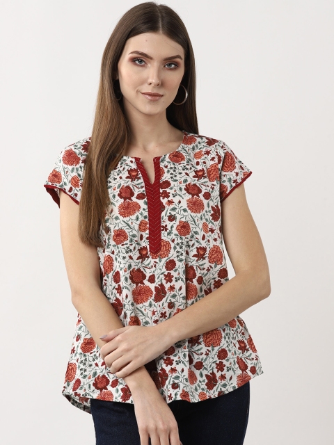 

Sangria Women White & Maroon Printed A-Line Top