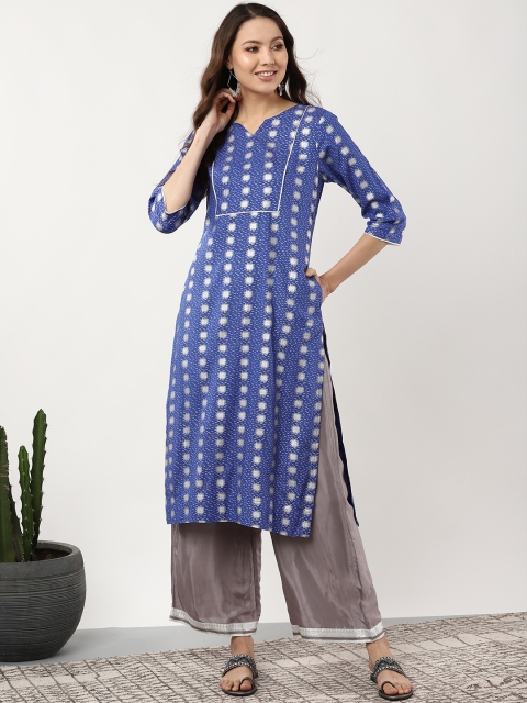 

Sangria Women Blue & Silver Printed Straight Kurta