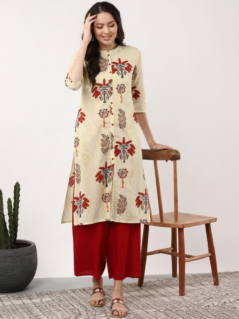 

Sangria Women Yellow & Maroon Printed Straight Kurta, Cream
