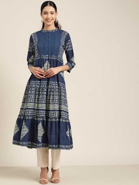 

Sangria Women Navy Blue & Cream-Coloured Printed A-Line Kurta