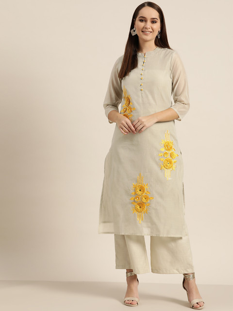 

Sangria Women Beige & Yellow Embroidered Straight Kurta