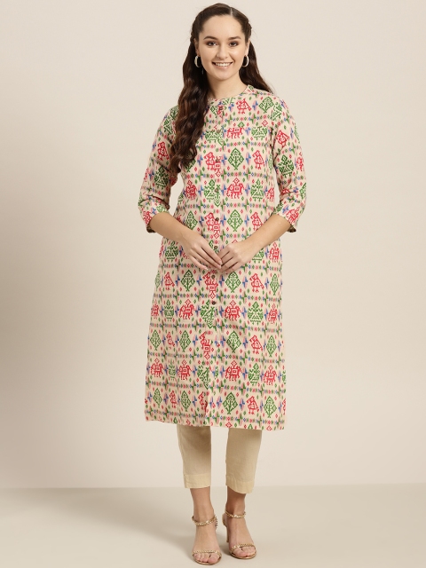 

Sangria Women Beige & Red Printed Straight Kurta