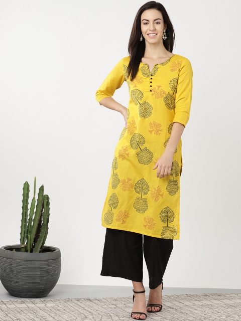 

Sangria Women Yellow & Black Printed Straight Kurta
