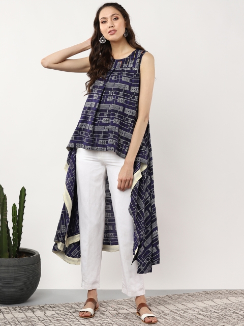 

Sangria Women Navy Blue & Off-White Printed High-Low Tunic