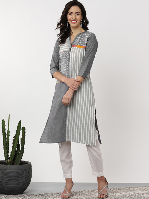

Sangria Women Grey & Off-White Striped Straight Kurta