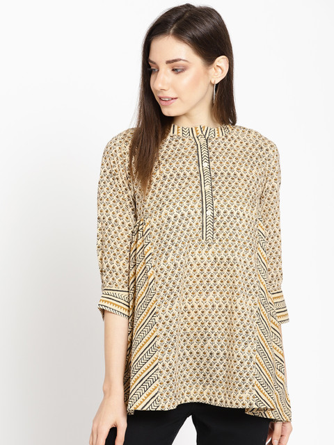 

Sangria Women Beige & Brown Printed A-Line Pure Cotton Top