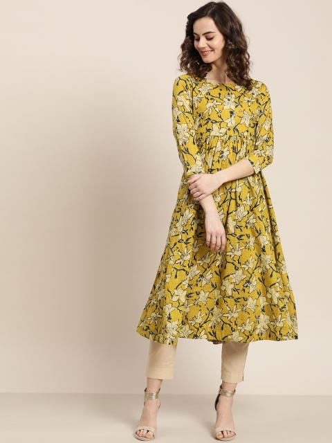 

Sangria Women Olive Green & Beige Floral Print A-Line Kurta