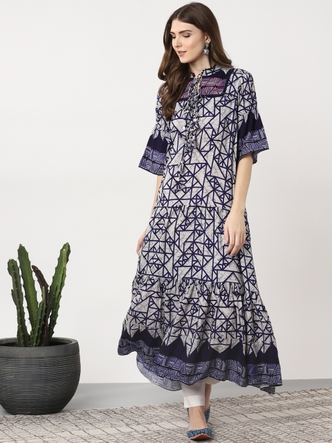 

Sangria Women Grey & Blue Printed Tiered Anarkali Kurta