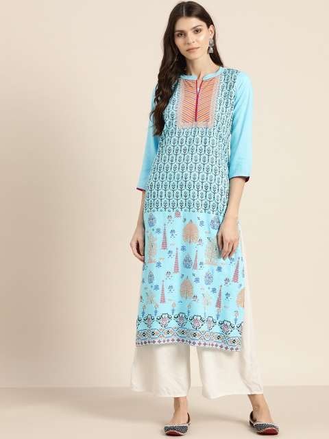 

Sangria Women Blue & Black Printed Straight Kurta
