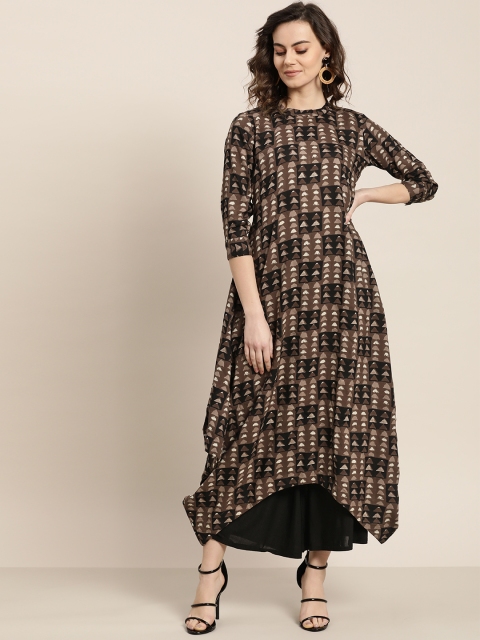 

Sangria Women Brown & Black Printed Layered Asymmetric A-Line Kurta