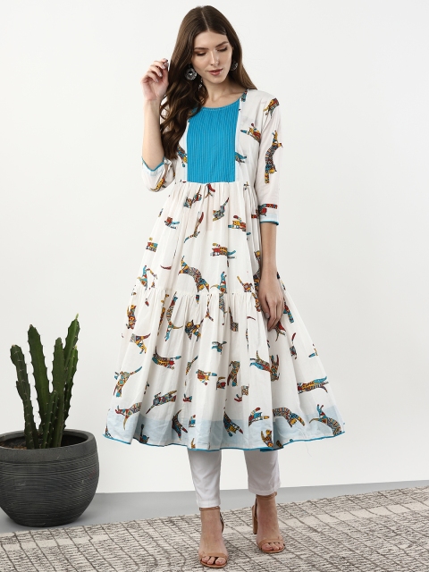 

Sangria Women White & Blue Quirky Print Anarkali Kurta