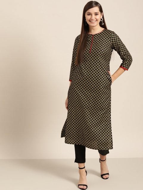 

Sangria Women Black & Golden Printed Straight Kurta