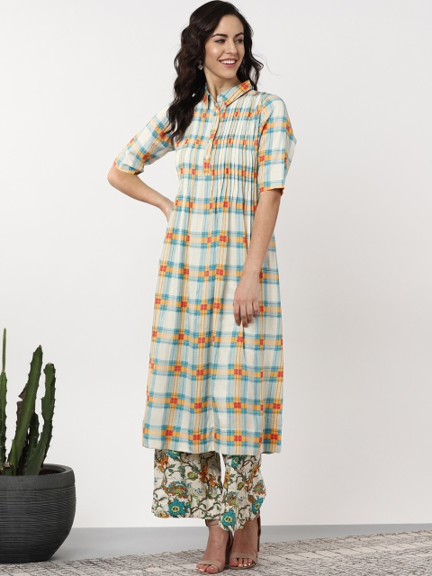 

Sangria Women Blue & Orange Checked Kurta with Palazzos