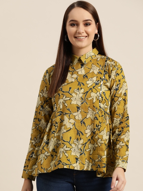 

Sangria Women Green and Teal Blue Printed A-Line Top, Olive