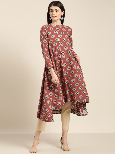 

Sangria Women Rust Brown & White Printed High-Low A-Line Kurta