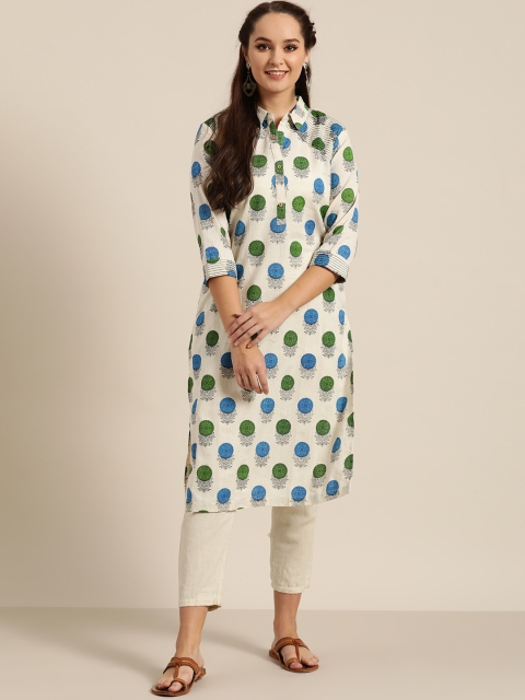

Sangria Women Beige & Green Printed Straight Kurta