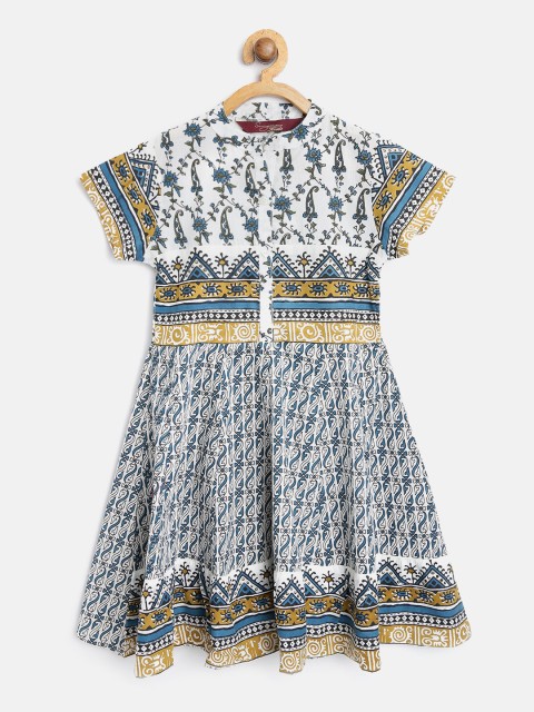 

Sangria Girls White & Teal Blue Printed A-Line Dress