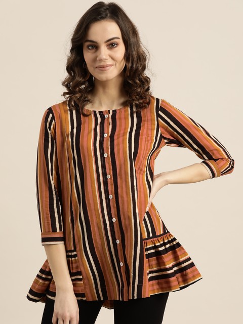

Sangria Women Rust Orange & Coffee Brown Striped A-Line Top