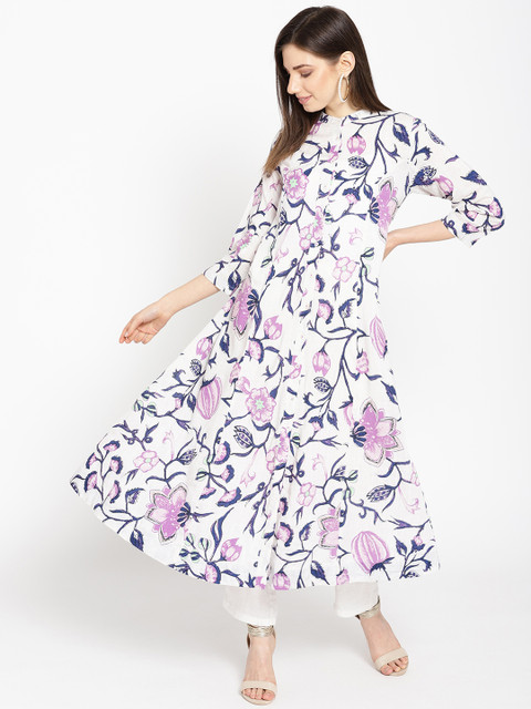 

Sangria Women Off-White & Purple Floral Print A-Line Kurta