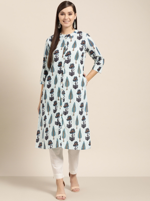 

Sangria Women White & Navy Printed A-Line Kurta