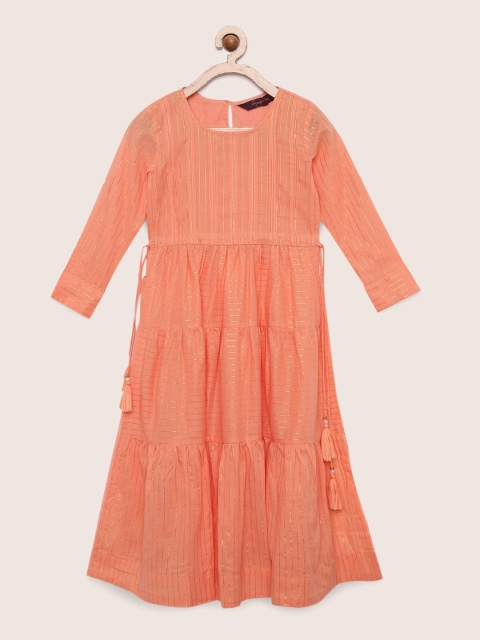 

Sangria Girls Peach-Coloured & Golden Striped A-Line Tiered Dress