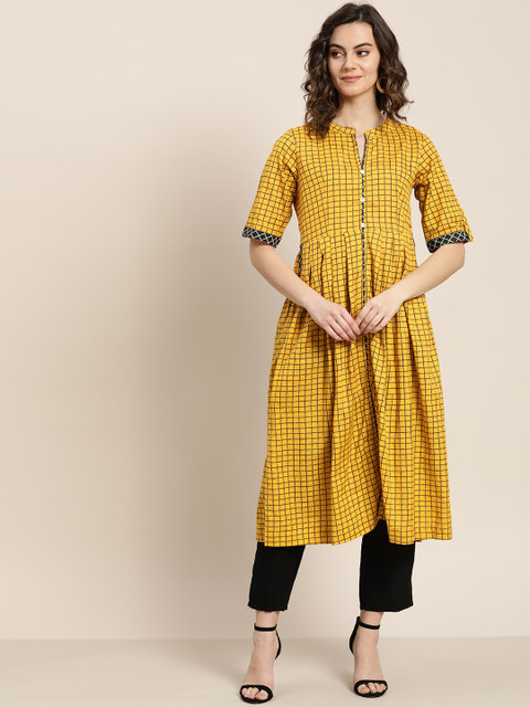 

Sangria Women Mustard Yellow & Coffee Brown Checked A-Line Kurta
