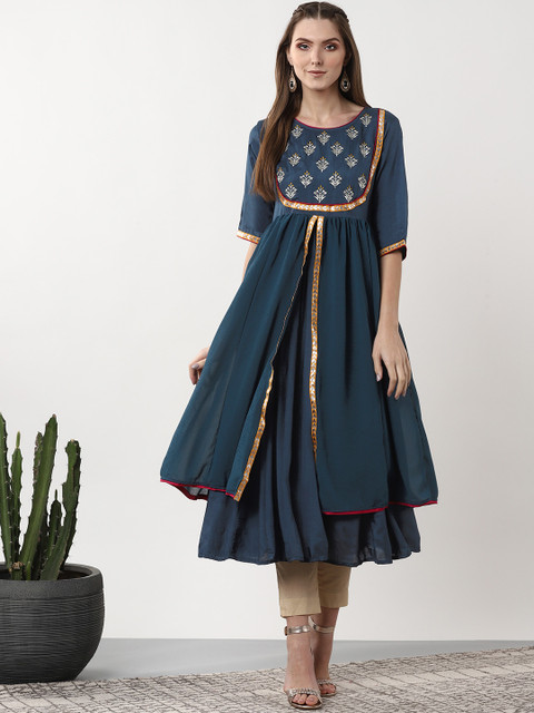 

Sangria Women Teal Blue Yoke Design Layered Anarkali Kurta
