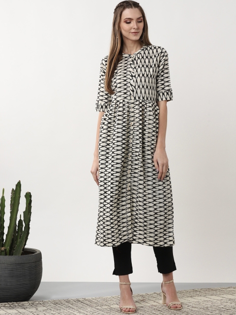 

Sangria Women Off-White & Black Printed A-Line Kurta