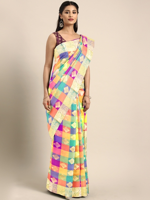 

GoSriKi Multicoloured Silk Blend Checked Kanjeevaram Saree, Multi
